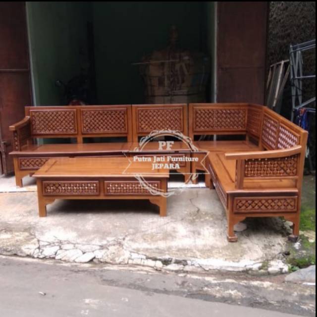 Kursi Tamu Sudut Simple Kayu Jati Free Ongkir