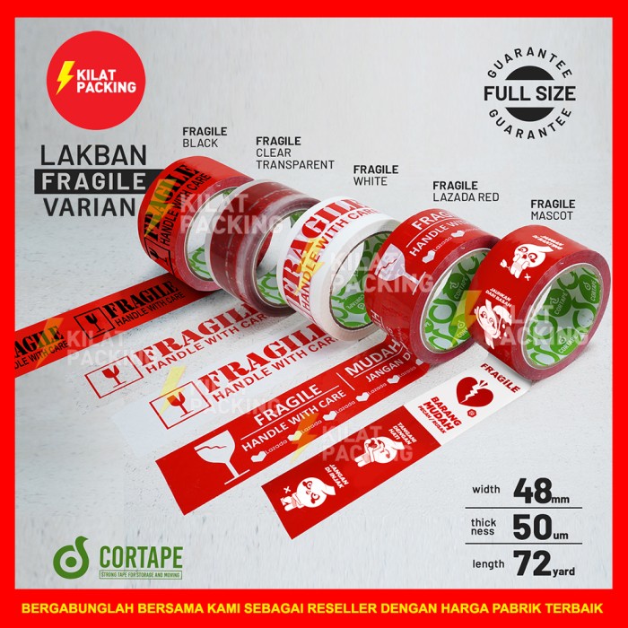 

perekat-pengikat- isolasi fragile rusfet 48 mm x 90 yard satuan plakban fragile - putih -pengikat-