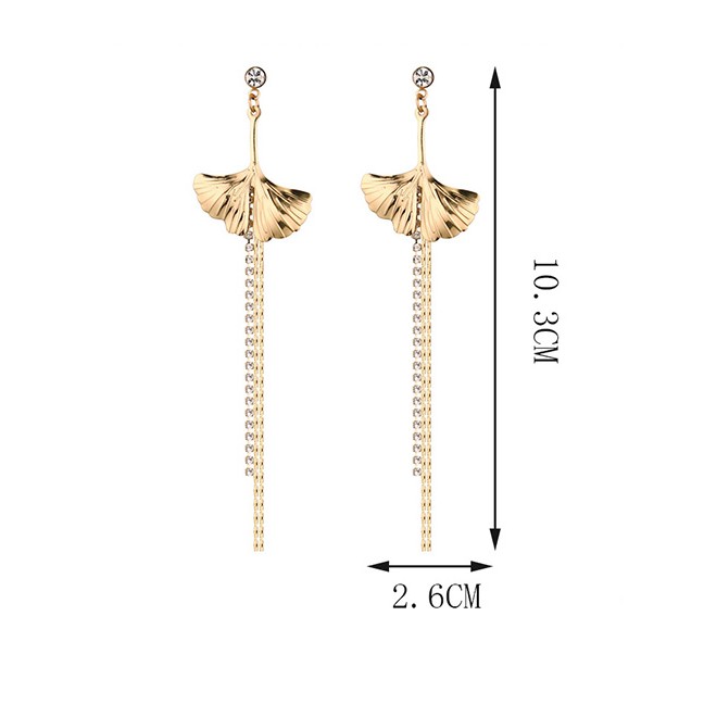 LRC Anting Tusuk Elegant Gold Color Ginkgo Leaf Shape Design Long Tassel Earrings Y60618