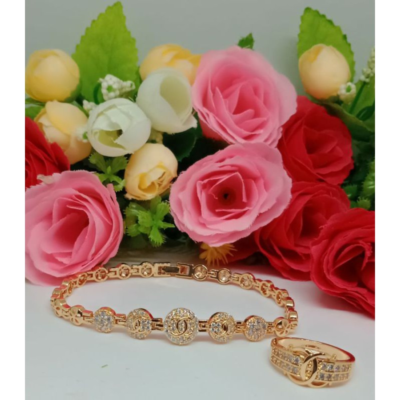 Fourfashion Gelang Tangan +Cincin Chennel Bulat Casual kekinian