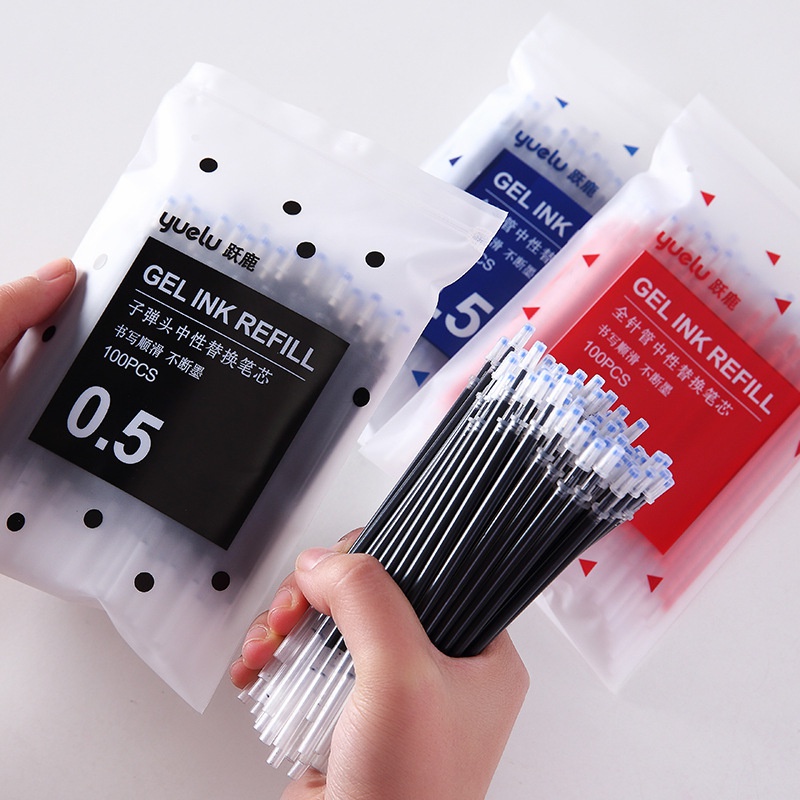 100pcs / Kantong Refill / Isi Ulang Pulpen Gel 0.5mm Warna Hitam / Merah / Biru Untuk Sekolah