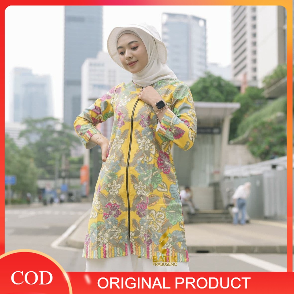 Batik Prabuseno Original Motif  DIVIA Tunik Batik Wanita Lengan Panjang Terbaru 2022 Model Atasan Kekinian Elegan Modern Katun Premium Lapis Furing Trikot Bisa COD Baju Seragam Kerja Kantor Guru