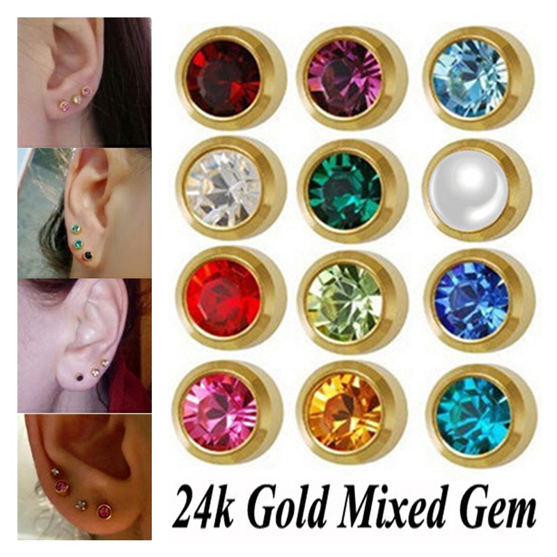 [ACKER] Birthstone 24K Emas Zircon Anting Stud Beruntung Anting Zirkonia Batu Kelahiran Untuk Wanita