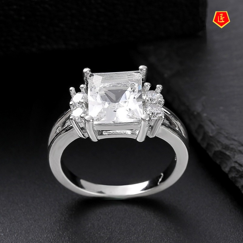 [Ready Stock]Simple Korean Style Platinum Square Colored Gems Ring