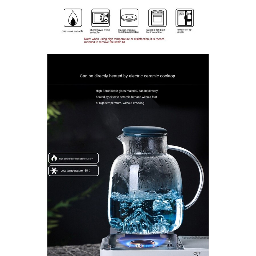 Teko Pitcher Teh Kopi Jus Borosilicate Glass 1.8L with 2 Cup - YS-6338 - Transparent