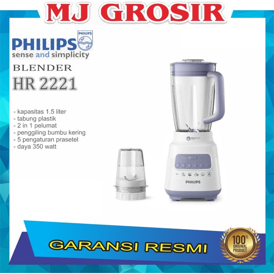 BLENDER PHILIPS HR 2221 2 IN 1 SERBAGUNA BAHAN PLASTIK 1.5 LITER