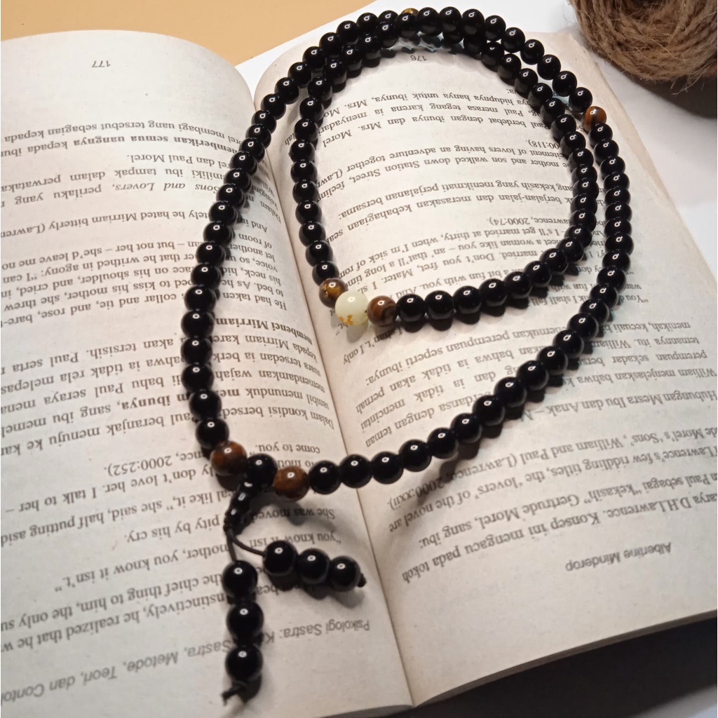 Kalung Tasbih Japamala 108 Batu Black Onyx Kombinasi Tiger Eye