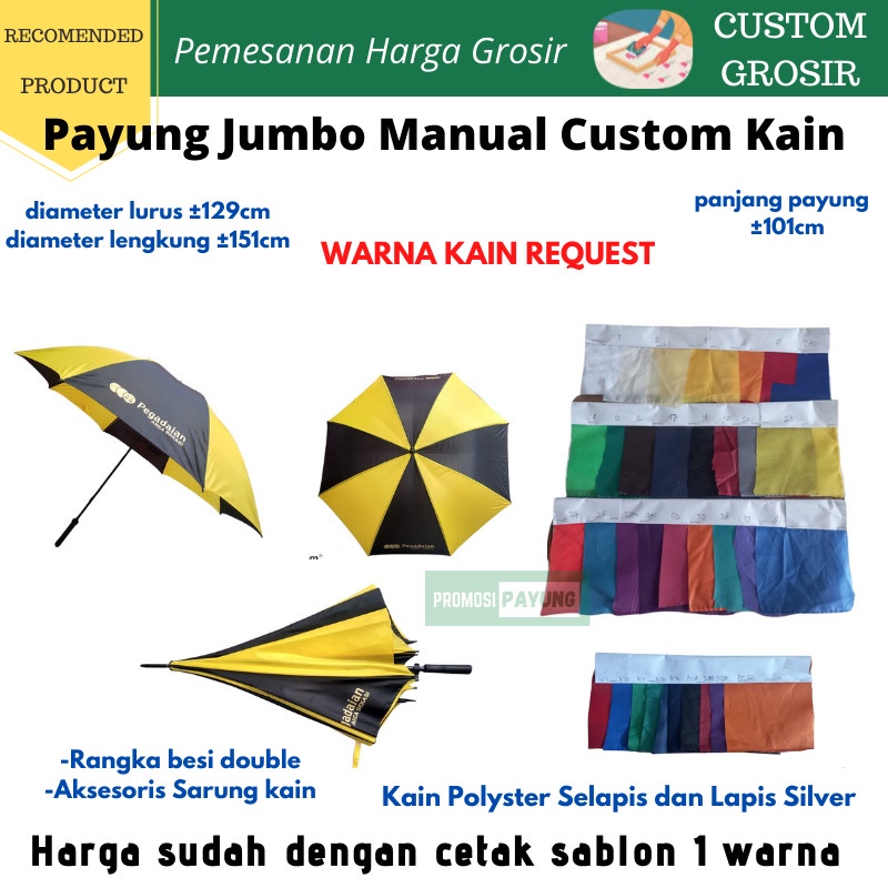 CUSTOM GROSIR payung JUMBO GOLF Custom KAIN Bebas pilih Warna + Sablon