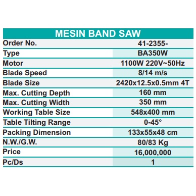 Mesin Band Saw Machine 14 Inch BA 350W WIPRO/ Mesin Bandsaw Gergaji Kayu WIPRO 14&quot; BA 350W - Mesin Band Saw Gergaji Kayu WIPRO