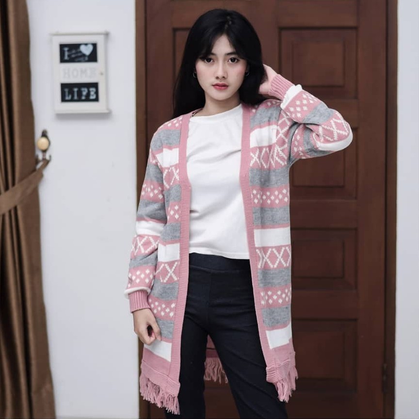 Long Hinata Cardigan Atasan Rajut Wanita Kardigan Rajut Motif Etnik Rumbai Gardigan Rajut Wanita-Dusty Pink