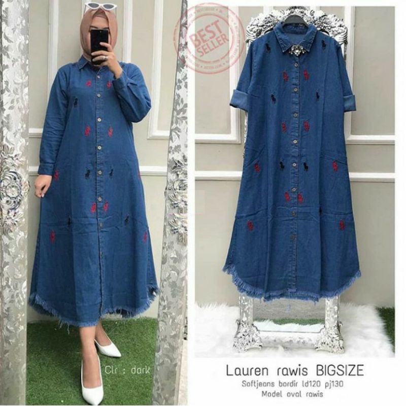 Lauren Rawis Baju Tunik Jeans Terbaru 2022 Wanita Jumbo Tunic Lepis Jumbo Long Tunik Bordir Polo Ori