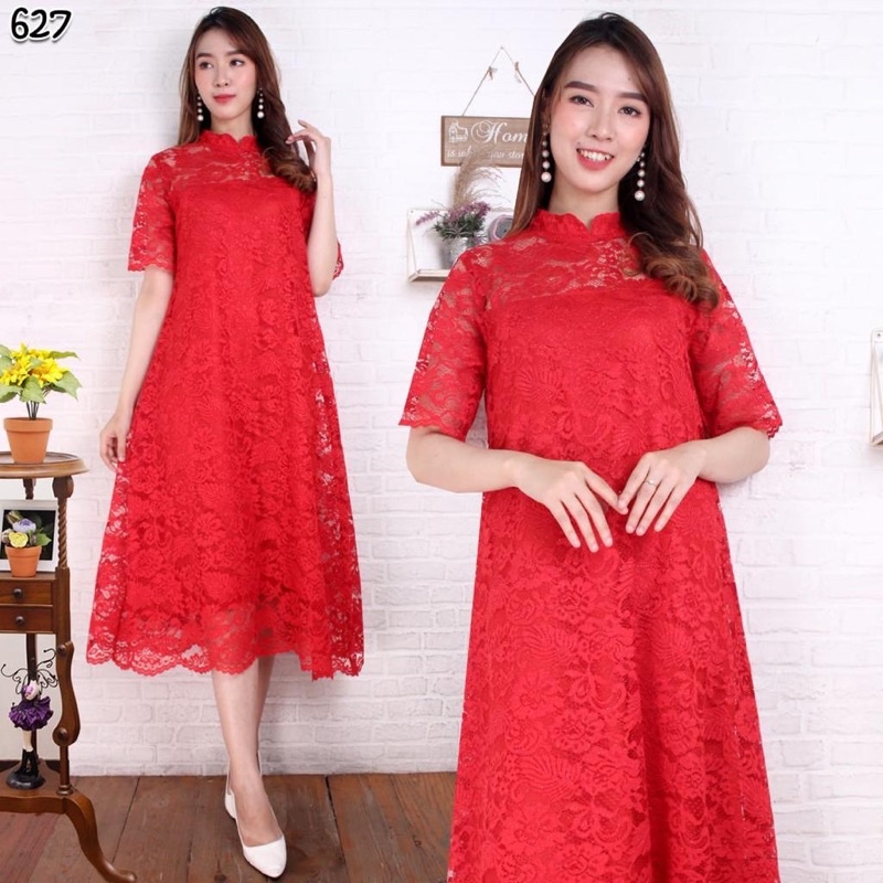 MP- 627 LACE DRESS BRUKAT Merah / Dress wanita Import Murah / Dress Brukat Natal / Dress Sincia