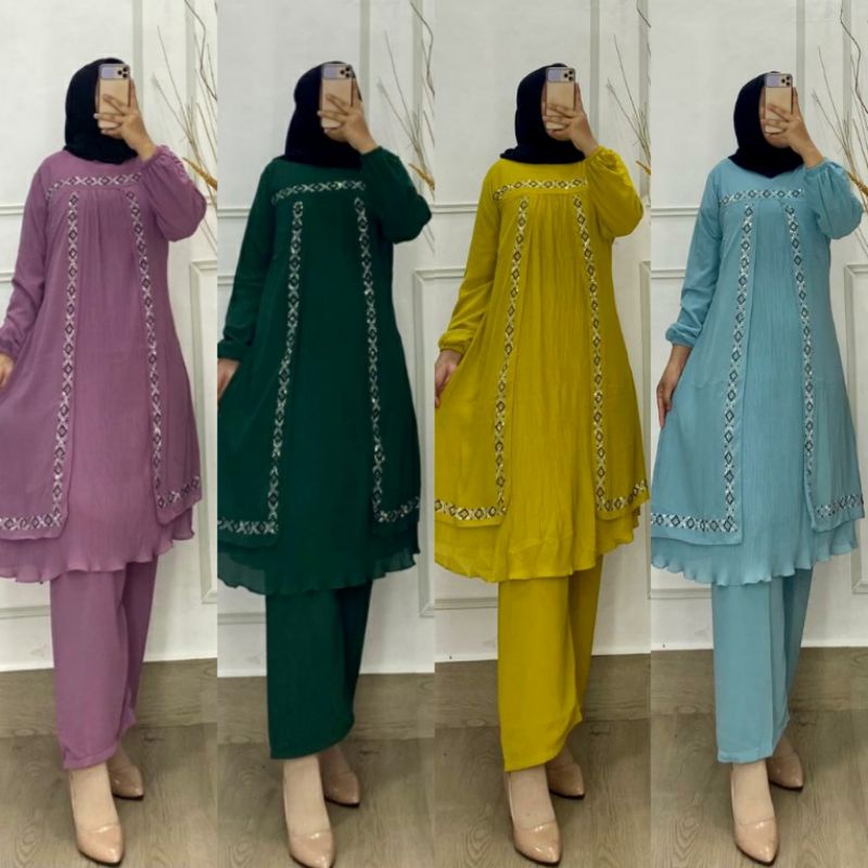 (Bisa COD) Setelan Muslimah Terbaru/Setcel Tunik Plisket Ceruty Babydoll Murah/Setelan Premium Busan