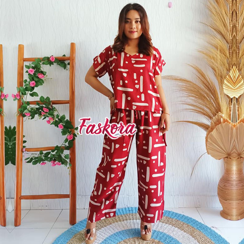 Setelan Rayon Jumbo Lengan Pendek Morse / Piyama Rayon Pendek Wanita / Baju Tidur Setelan Celana