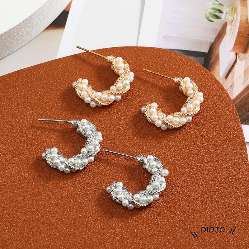 Anting Bentuk C Spiral Aksen Mutiara Untuk Fashion