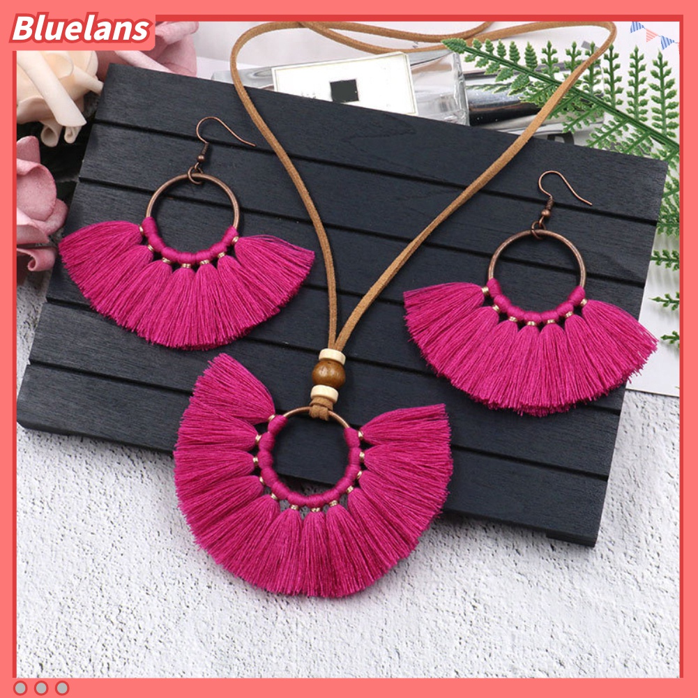 Set Perhiasan Kalung Tali Rumbai Liontin Bulat Gaya Bohemian Untuk Wanita