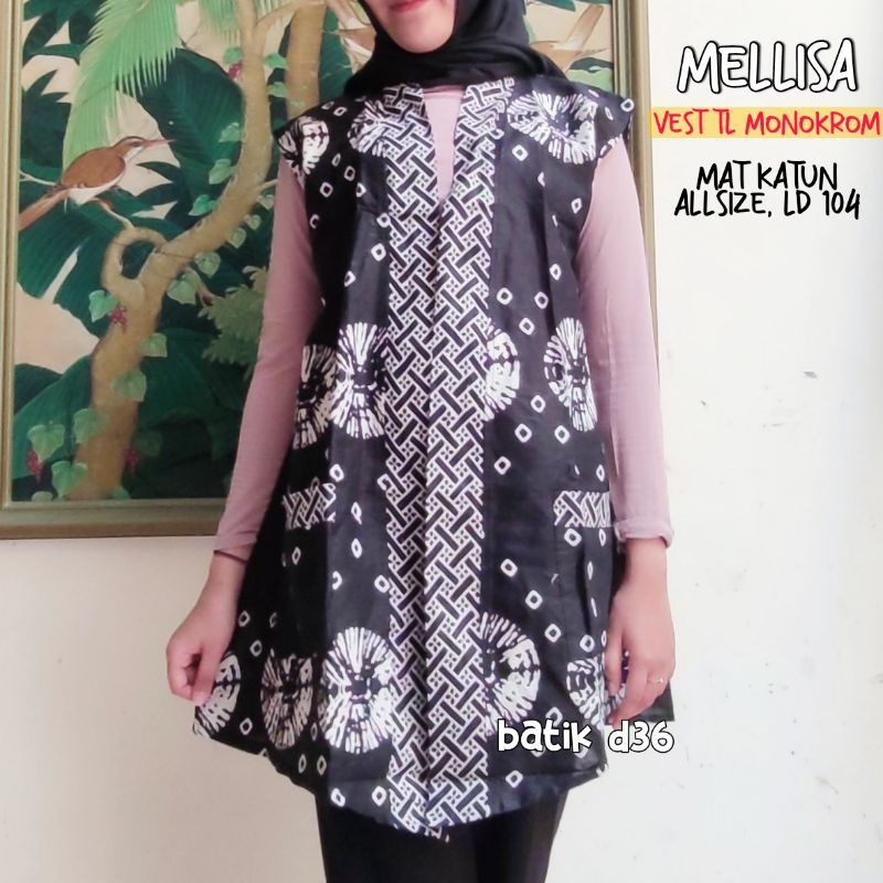 Vest monokrom katun saku ada jumbo melissa Baju luaran tanpa lengan motif batik wanita remaja cewek abg outer cardigan Cardi blazer rompi bolero cape kerja klasik hangout simple hitam putih kekinian cantik ayu trendy modis fashion terbaru 2023 rf