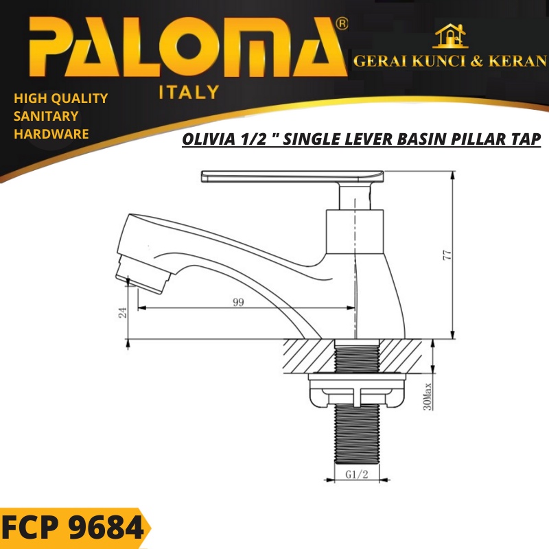 PALOMA FCP 9684 Keran Wastafel Sink Cuci Tangan Basin Meja Kran Air HITAM BLACK MATTE