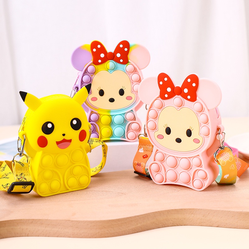 Tas Pop it Anak Lucu Import - Tas Selempang Anak Karakter Minnie Pikachu - Tas Pop It Terbaru Import - Tas Anak Lucu Pop It Fidget Toys JL12