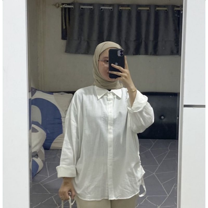 Oversize Kemeja Wanita Lengan Panjang Olivia Shirt Linen Pocket Serut tali Samping