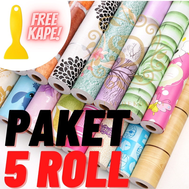 Paket Hemat 5 Roll Wallpaper Dinding - Walpaper Dinding Stiker Motif - Walpeper Tembok 10 Meter/Roll