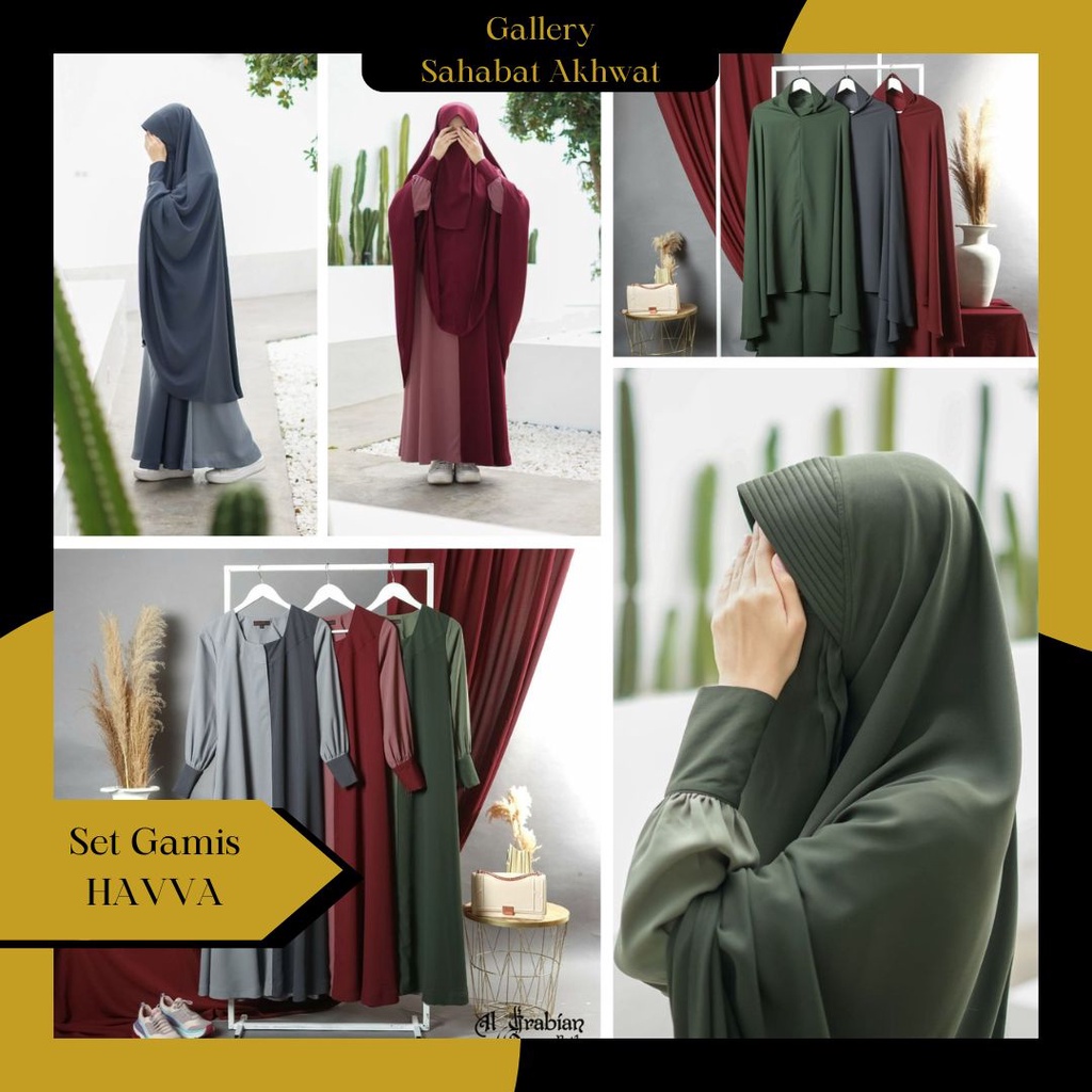 HAVVA COMBI SET GAMIS ABAYA KHIMAR SYARI by AL ARABIAN klambieakhwat BISA COD | jilbab jumbo pad busa free cadar tali bahan yoris caltry tanpa potongan pinggang wudhu n busui friendly kantong kanan abaya maroon green grey