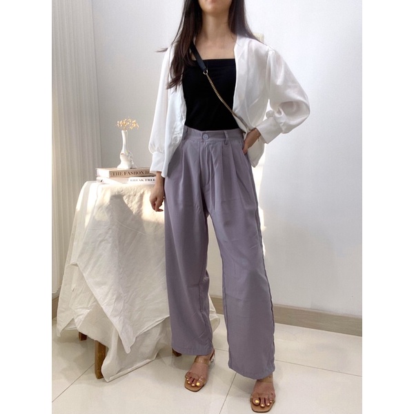 KANA Basic Long Pants / Loose Button Kulot / Celana Bahan Korea / Celana Linen Wanita / Celana Satu Kancing Kantor P3