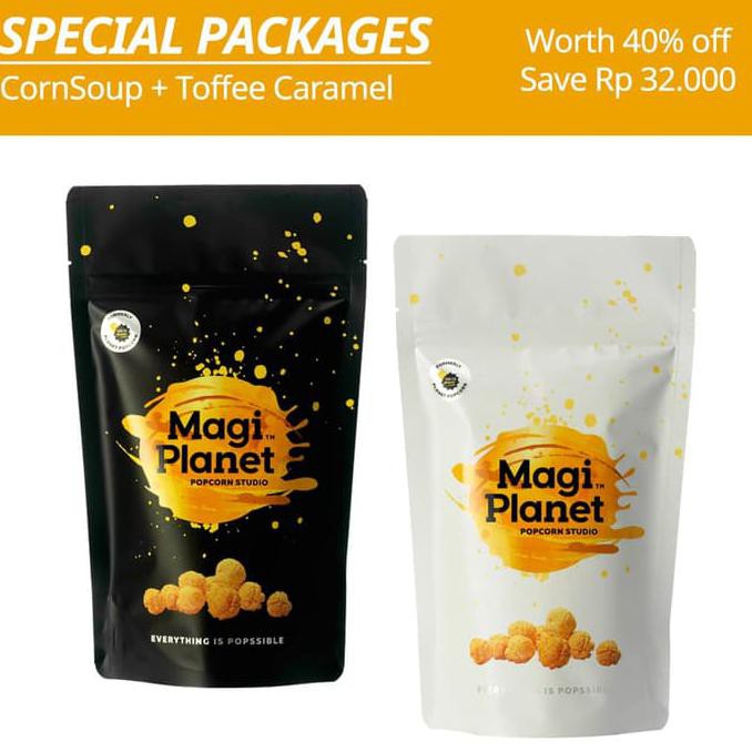 

Sale - Corn soup & Toffee Caramel bundle pack 110gr - Magi Planet Popcorn