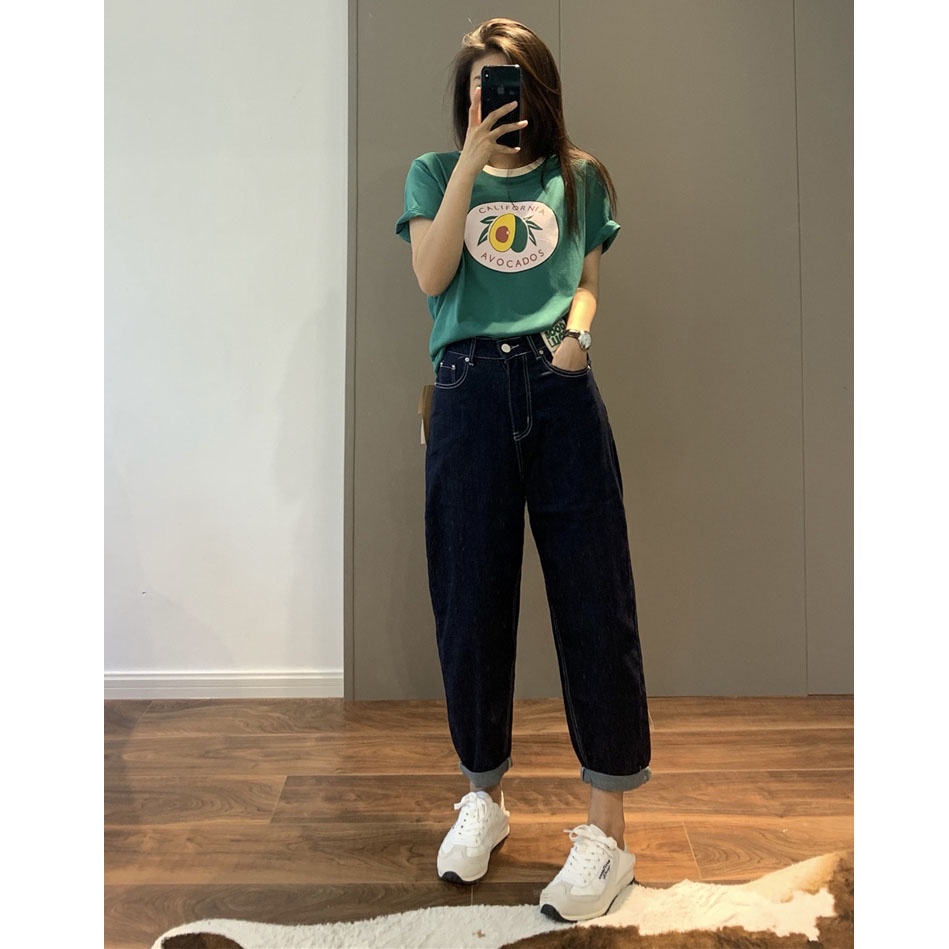 【 Penawaran Istimewa 】New Import Celana Panjang Boyfriend Jeans Wanita Highwaist Biru gelap