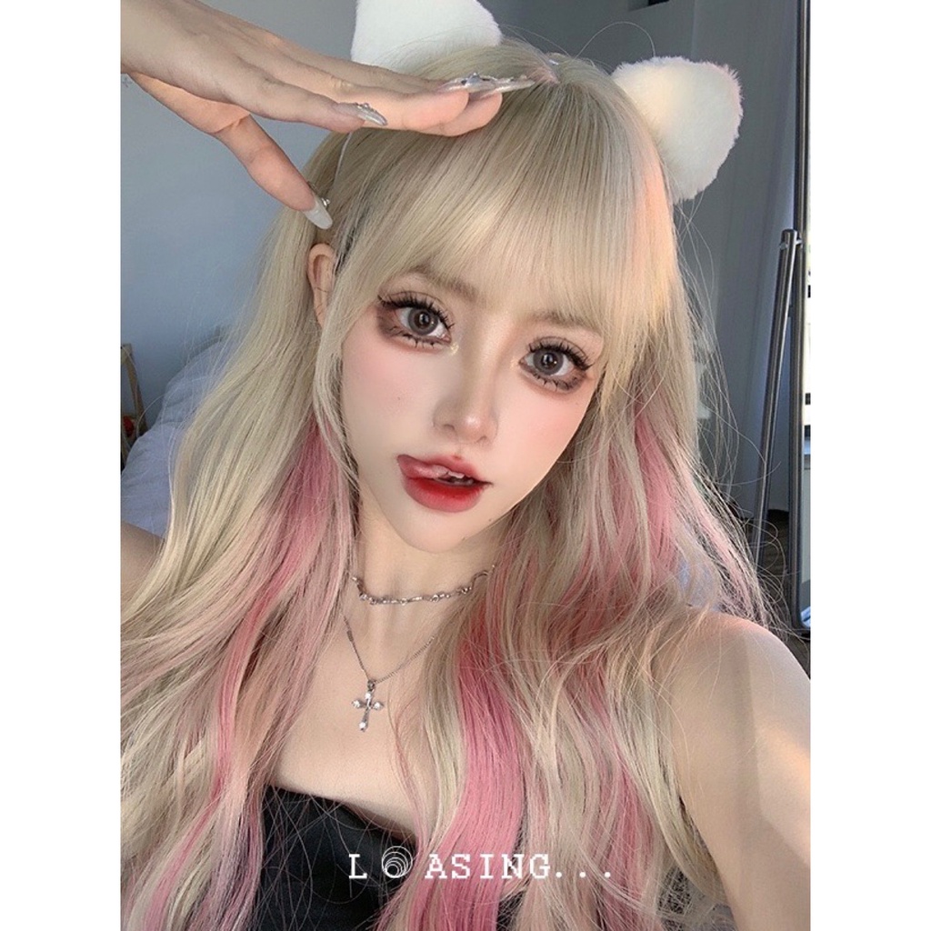 T367 Full Korean Wig Highlight Blonde Pink