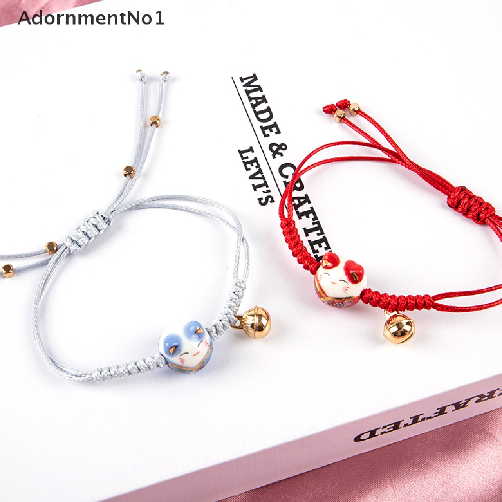 (AdornmentNo1) Gelang Tangan Tali Aksen Lonceng Keramik Motif Kucing Keberuntungan Untuk Wanita / Pasangan