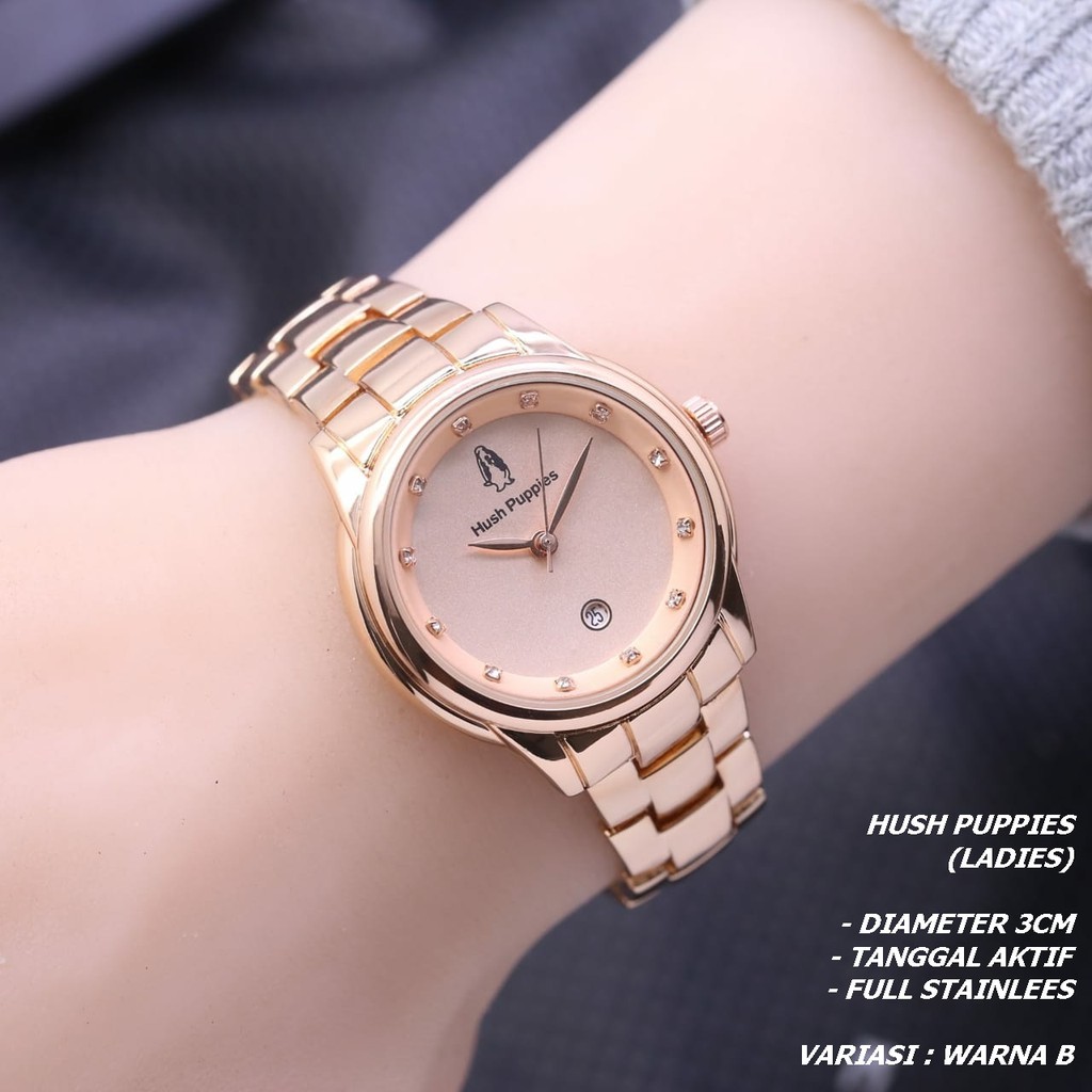 JAM TANGAN WANITA HUSH PUPPIES RANTAI BODY BULAT TANGGAL AKTIF