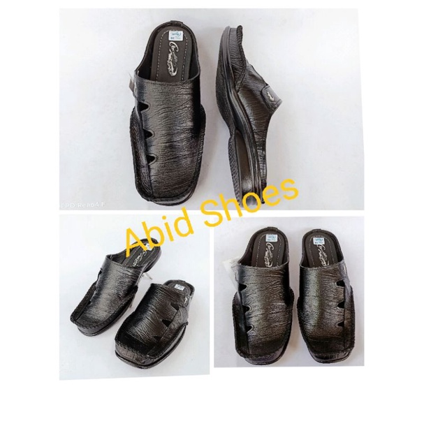 Sepatu sandal pria kulit asli slop selop rampel flat hitam tutong bustong