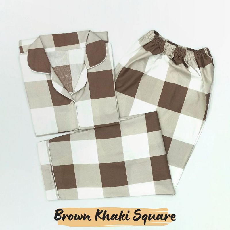 Baju Tidur Wanita | Piyama Wanita Kekinian | Oneset Setelan Wanita Bahan Katun Polymicro Bebas Pilih Motif-Brown Khaki Square