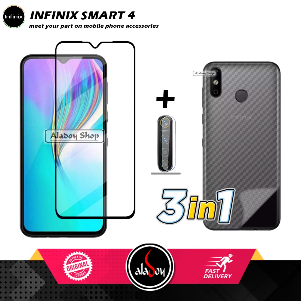 PAKET 3 IN 1 Tempered Glass Layar Infinix Smart 4 Free Tempered Glass Camera dan Skin Carbon 3D