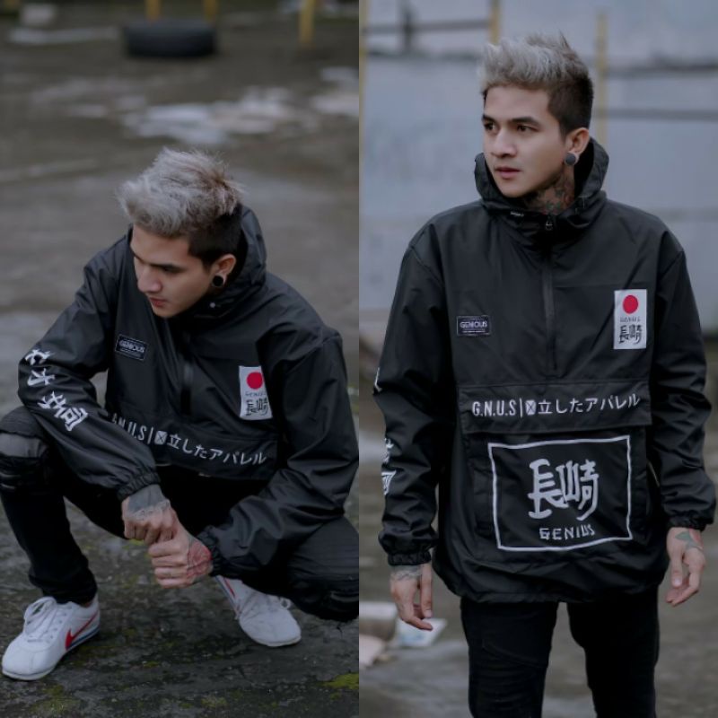 Jaket pria IKC 002 distro cbr Bandung hoodie dua sisi bolak balik keren grosir jaket cagoule erigo Jaket Pria Parasut Anti Air-CG WP Hitam Jpn