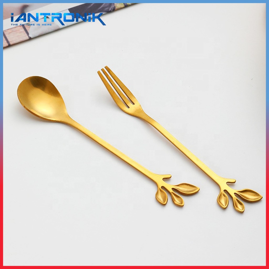 KIYOTE Dessert Spoon - Sendok Garpu Emas Creative Motif Daun Stainless