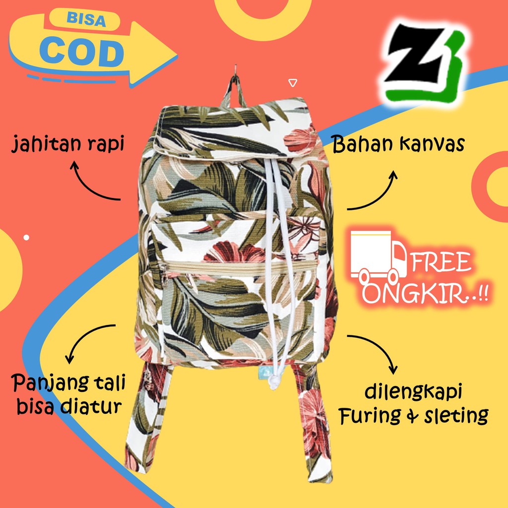 Tas ransel wanita cewek Perempuan Cewe remaja Sekolah kuliah kerja kanvas kekinian serut murah A6-tropical
