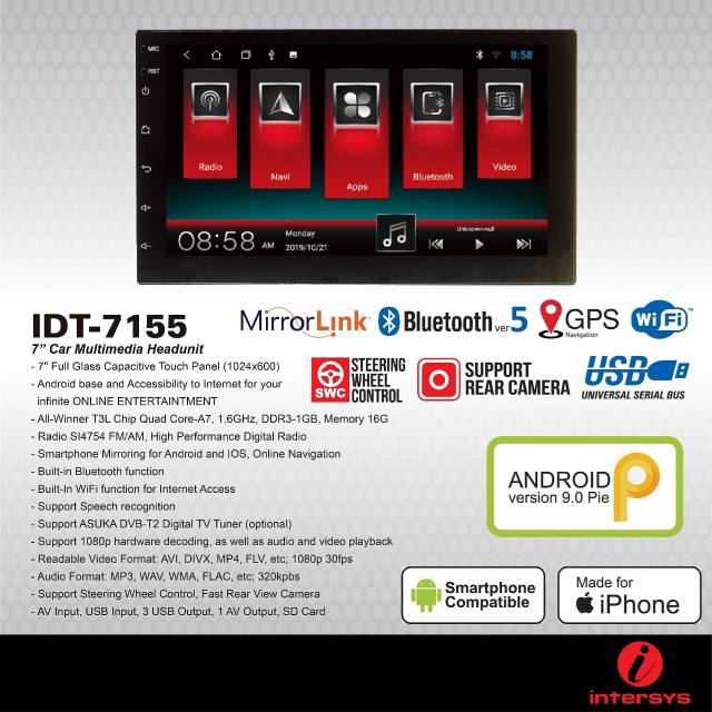 Head Unit Double Din Android 7 inch TV Mobil Intersys IDT 7155 GPS Wifi Avanza Xenia Agya Ayla calya