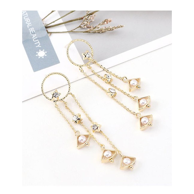 LRC Anting Tusuk Fashion 14k Gold Star Pearl Tassel Round Earrings Y63108