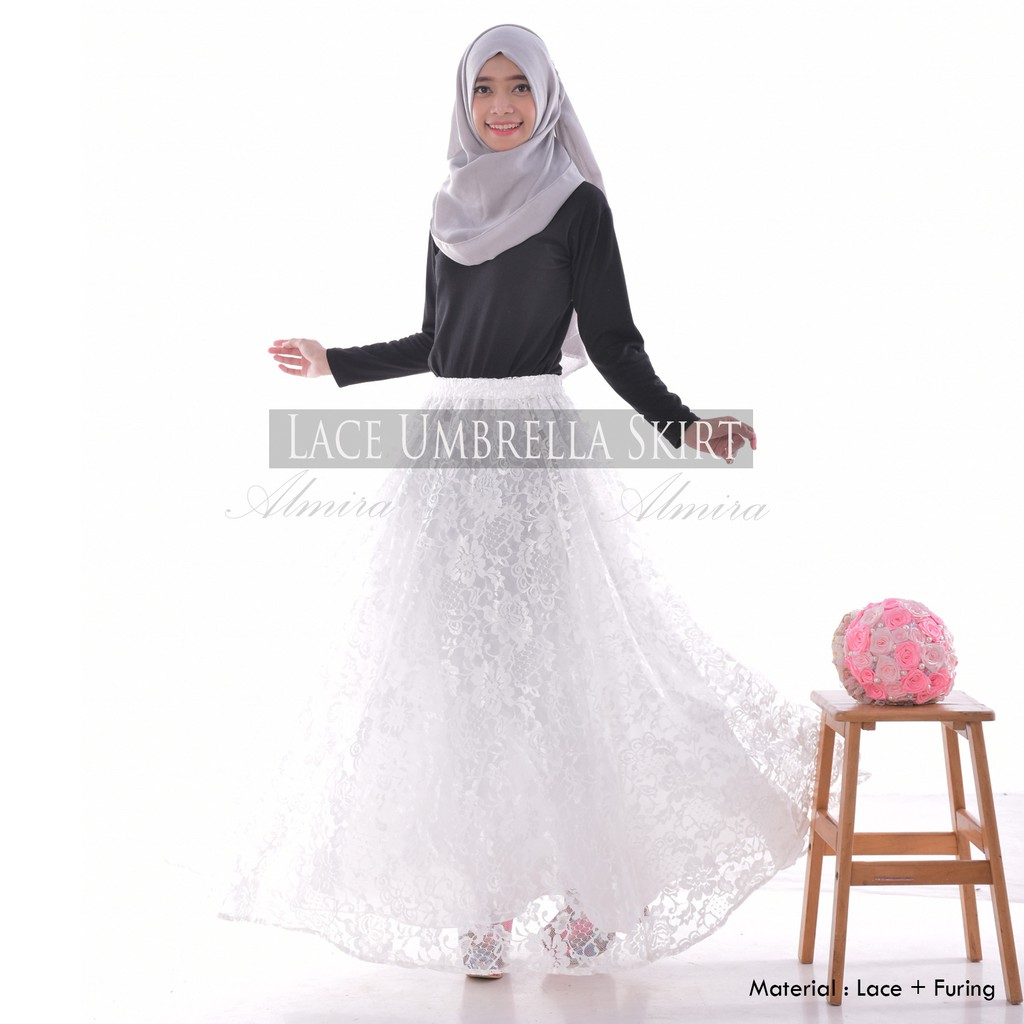 Rok Hitam Panjang Pesta Muslimah Lace Umbrella Skirt Rok Flare Rok Brukat Griyaraditya Almira