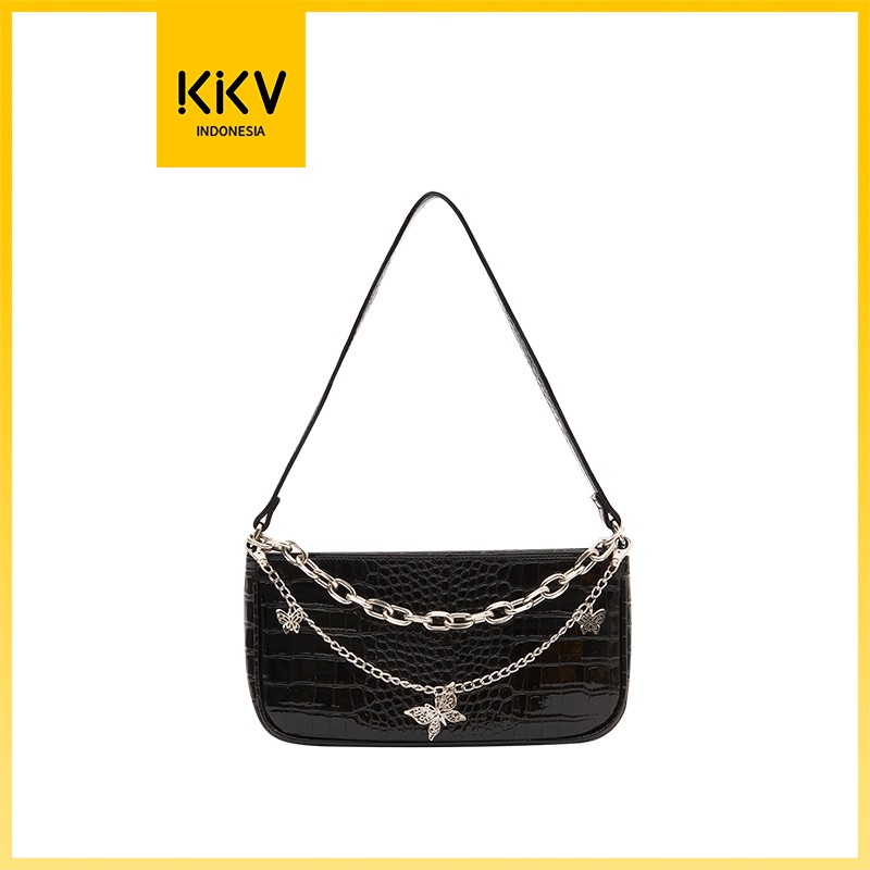 MURAH KKV - JM TAS BAHU WANITA KULIT HITAM MOTIF CROCODILE PATTERN BUTTERFLY CHAIN SHOULDER BAG