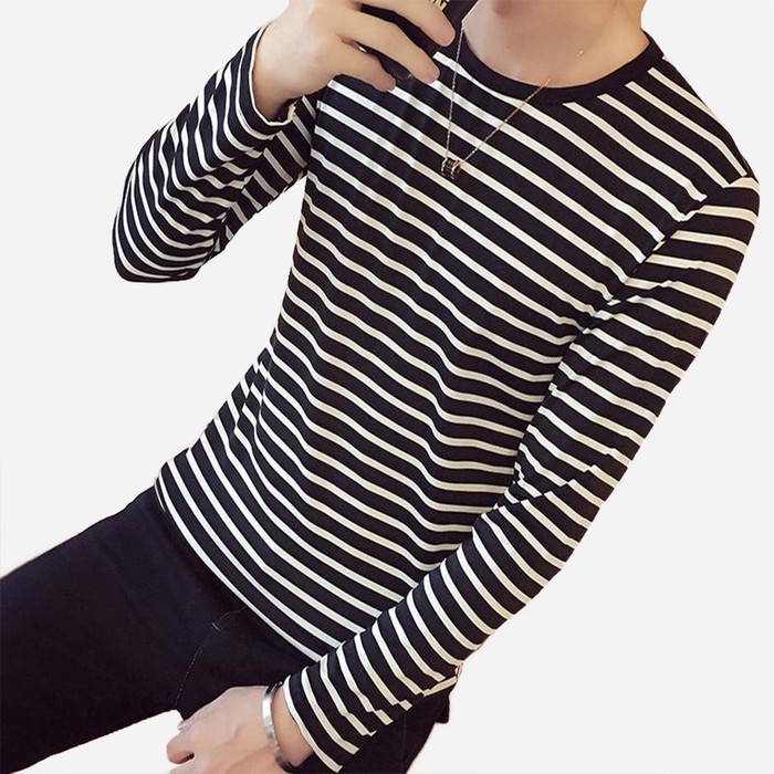Baju Kaos Pria Oblong Lengan Panjang Corak Salur -  Maroco - Hitam M