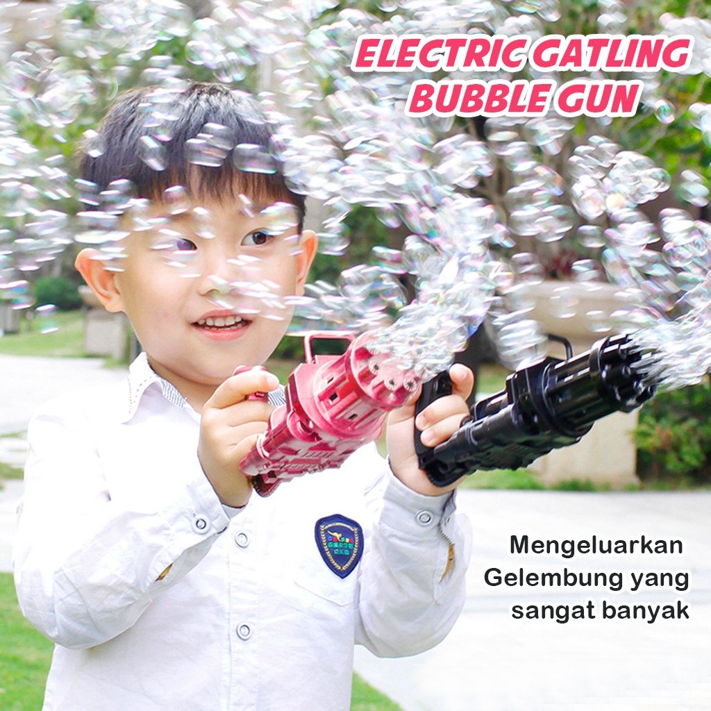 Tembak gelembung mainan anak pistol bubble gun machine electric bikin gelembungan banyak warna hitam biru pink 8 lubangcocok untuk hadiah kado pesta ulang tahun