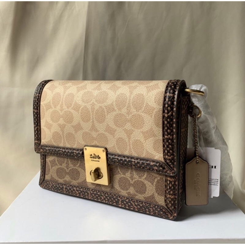 Coach Hutton Shoulder Bag in Blocked Signature Canvas Snakeskin Detail