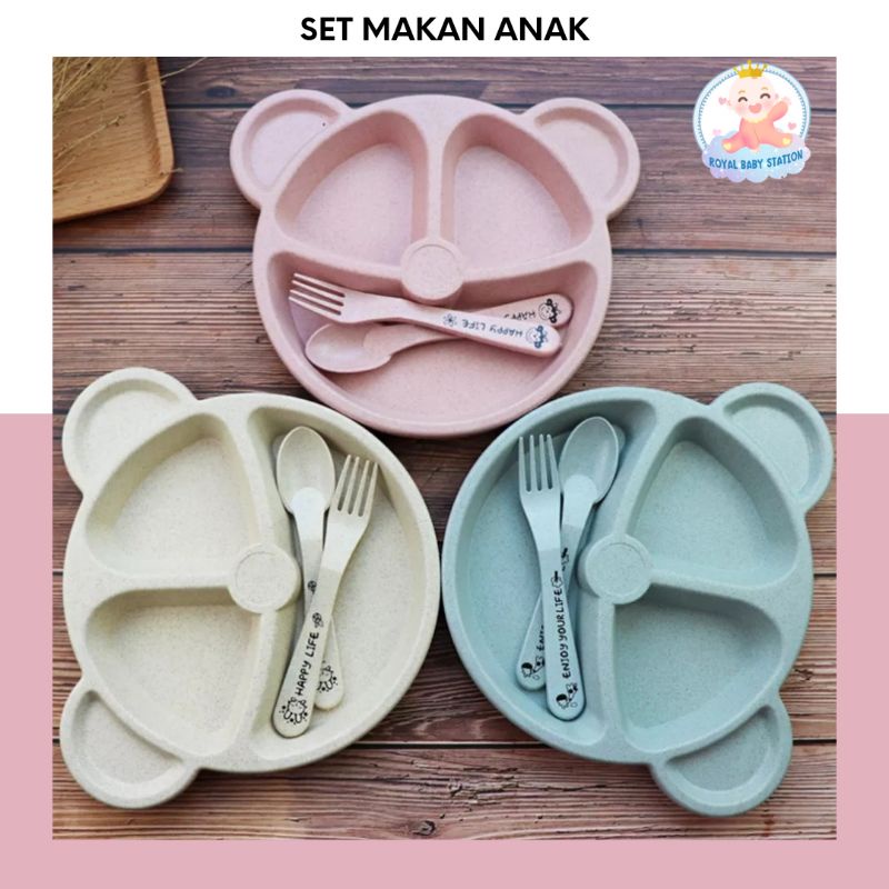 Set Piring Makan Anak Karakter Bear Sendok Garpu