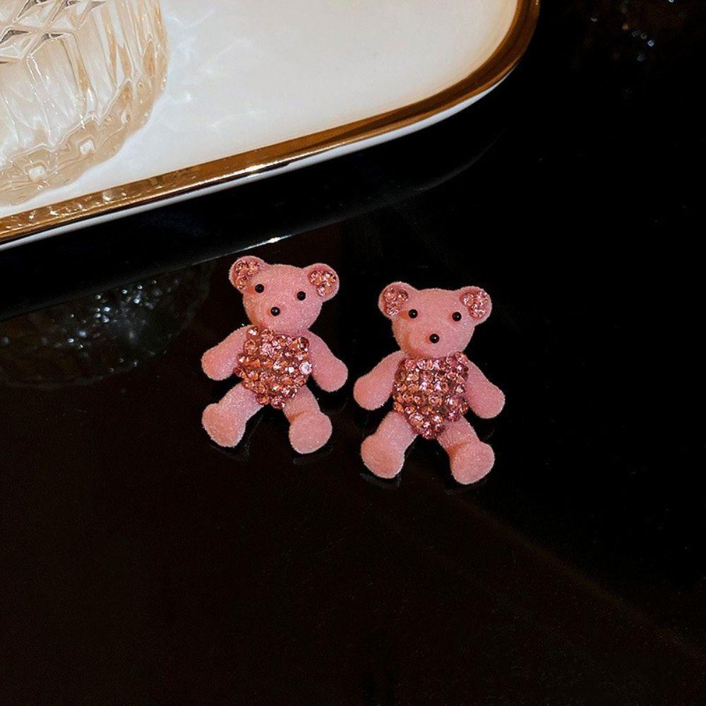 Mxbeauty Flocking Bear Earrings Kalung Niche Desain Berlian Imitasi Rasa Hadiah Anniversary Rantai Klavikula Mutiara Imitasi Anting Hati Merah Muda