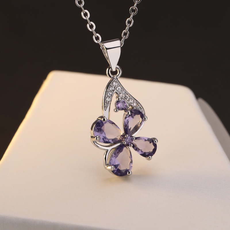 [Ready Stock]Fashion Plated S925 Silver Clover Amethyst Diamond-Studded Necklace Pendant