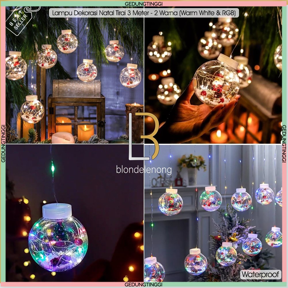 Lampu Tumblr Hias Led Tirai Gantung Dekorasi Santa Claus Snowmen Snowman Pohon Natal Christmas Tree Decoration Tirai Gantung Warna Warni Warm White Kuning Merah Biru Lamp Kabel Transparan Rumah Cafe Taman Kedap Kedip Kelap Kelip Outdoor AntiAir Waterproof