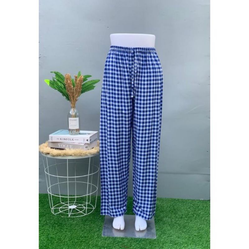 CELANA KULOT PANJANG MOTIF KOTAK KHAS BALI/CELANA PANJANG MURAH-Kotak biru muda